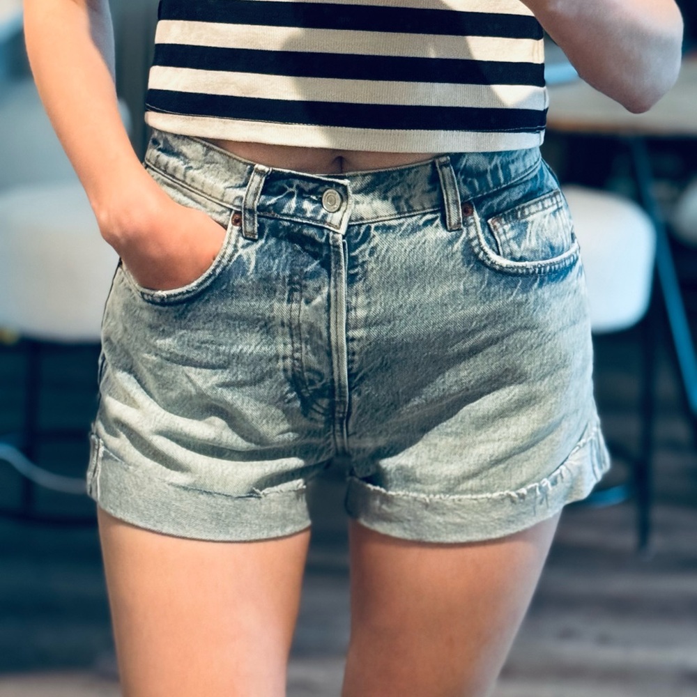 Reformation Blue Jean Shorts with Distressed Vintage Look